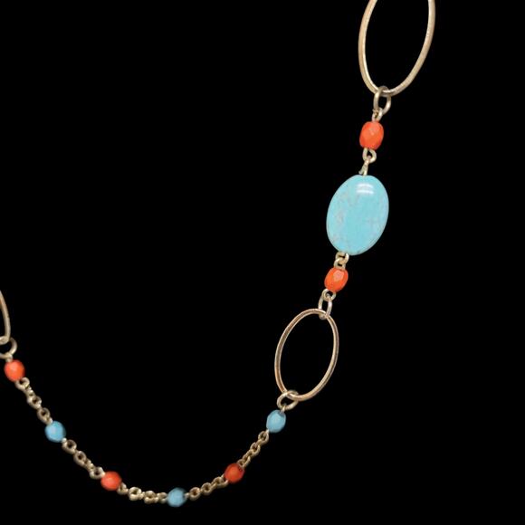 Faux Turquoise Coral Station Necklace 38"‎ Gold-tone Beaded Boho Retro Jewelry - Picture 2 of 4